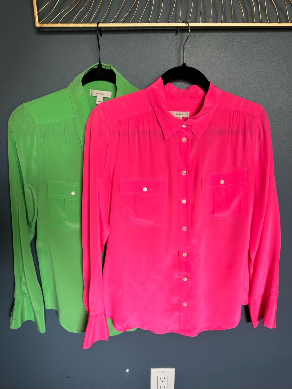J Crew 100% Silk Blouse Bundle Lot of 2 Pink and Green Both Size 6